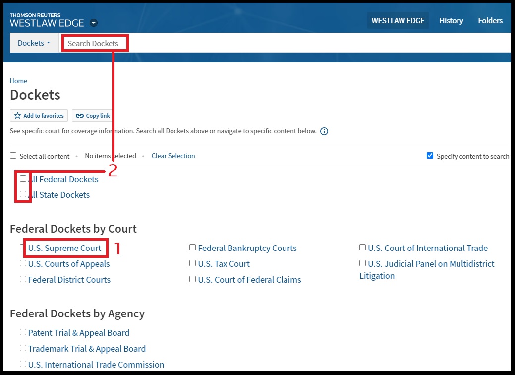 Picking dockets for specific courts in Westlaw Edge.