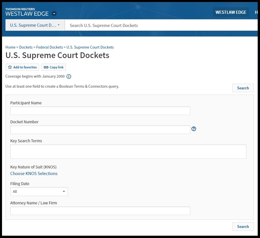 Court docket search for the U.S. Supreme Court.