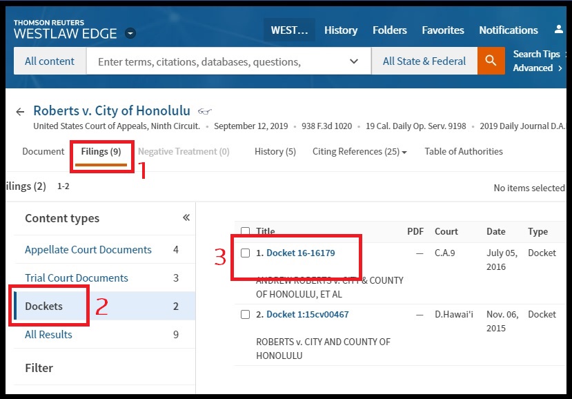Docket lookup from a case opinion in Westlaw Edge.