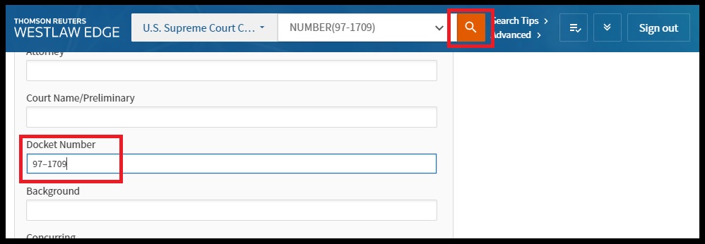 Finding a case by docket number in Westlaw Edge.