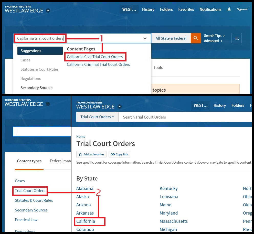 How to find California trial court orders on Westlaw Edge.