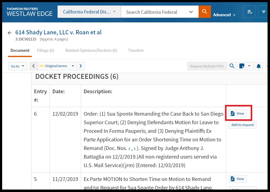 How to access a court order in a docket on Westlaw Edge.