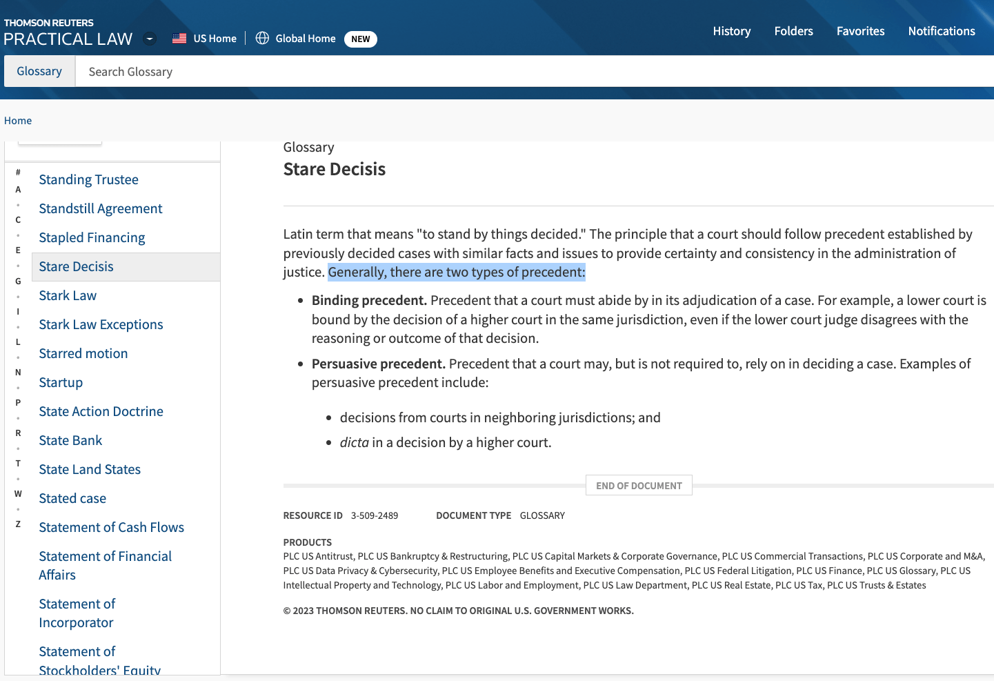 Portion of stare decisis definition highlighted in Practical Law glossary