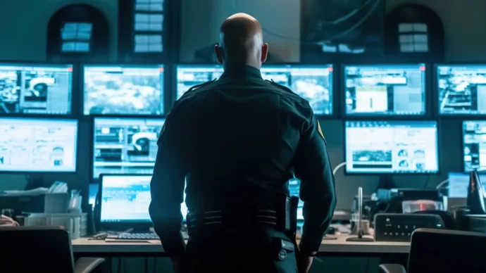 A police officer looking at computer screens.