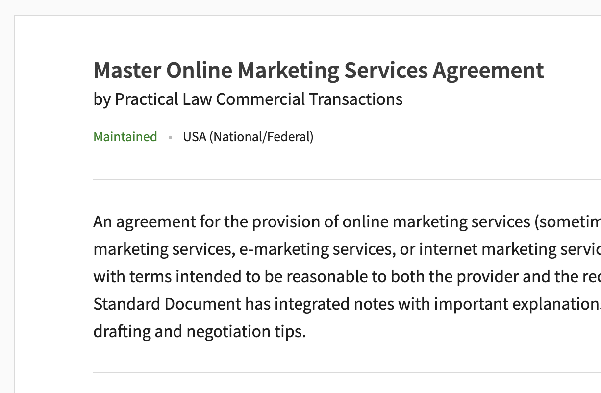 Link to Master online marketing services agreement description and free trial sign up