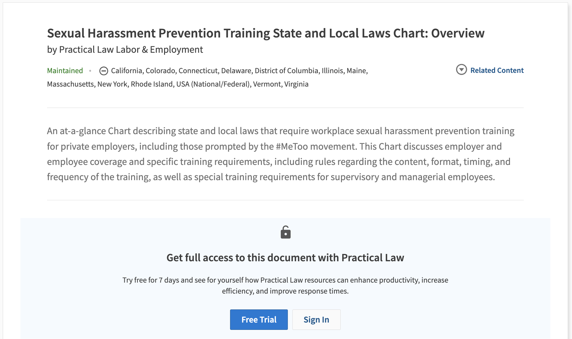 Overview page showing list of state jurisdictions covered in this practice note
