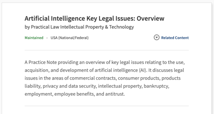 Practice note preview for Artificial Intelligence Key Legal Issues Overview