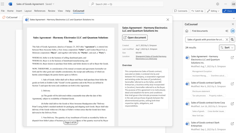 Sale of goods with provisions document search on CoCounsel