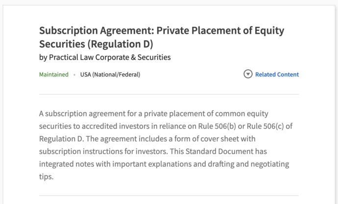 preview of standard document for private placement of equity securities