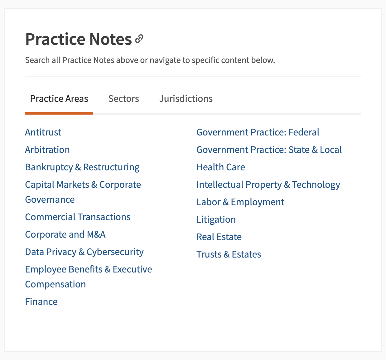 User interface of practice notes in Practical Law