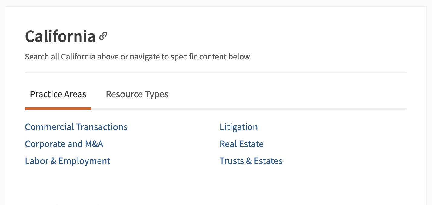 Practical Law image of California practice areas featuring labor and employment