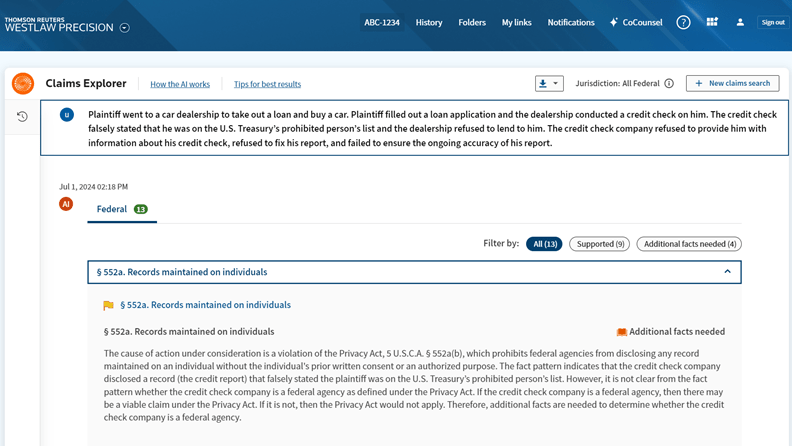 Claim Explorer product demo answering a car loan fact pattern for possible violation of Privacy Act