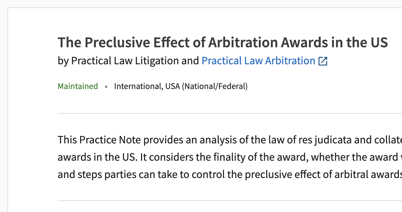 Link to The Preclusive Effect of Arbitration Awards in the US