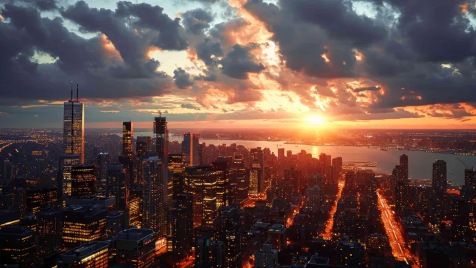 Sun rising over city skyline with clouds