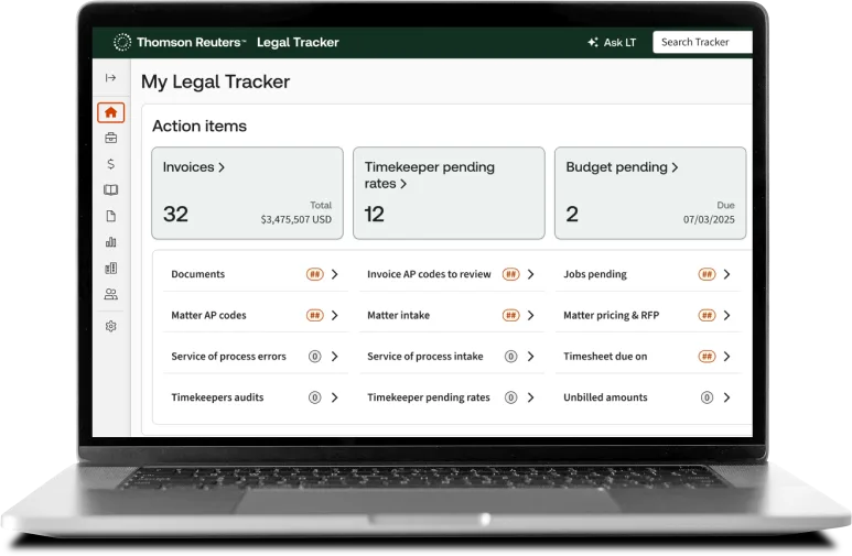 Dashboard showing invoice totals, timekeeper, and pending budgets