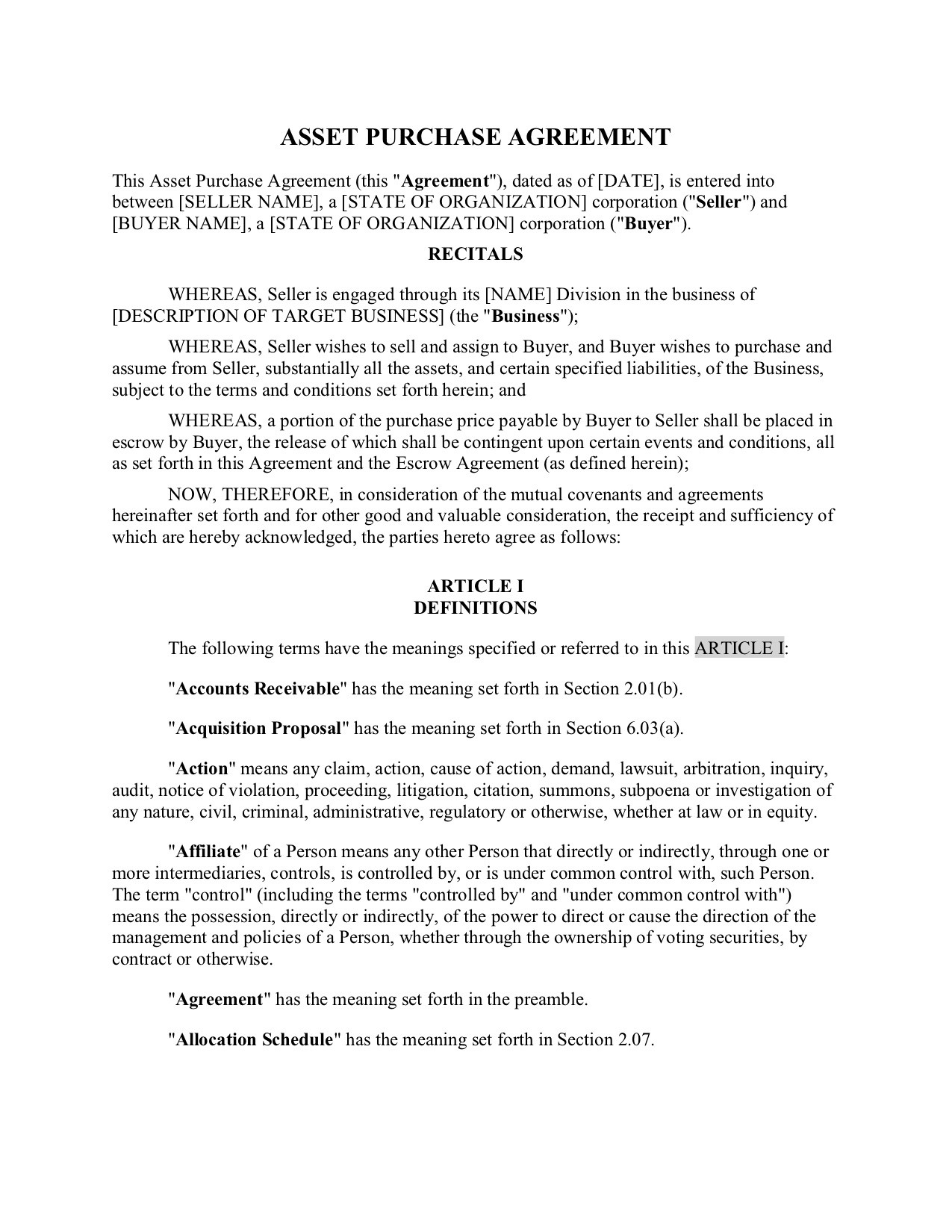 Asset Purchase Agreement Template from legal.thomsonreuters.com