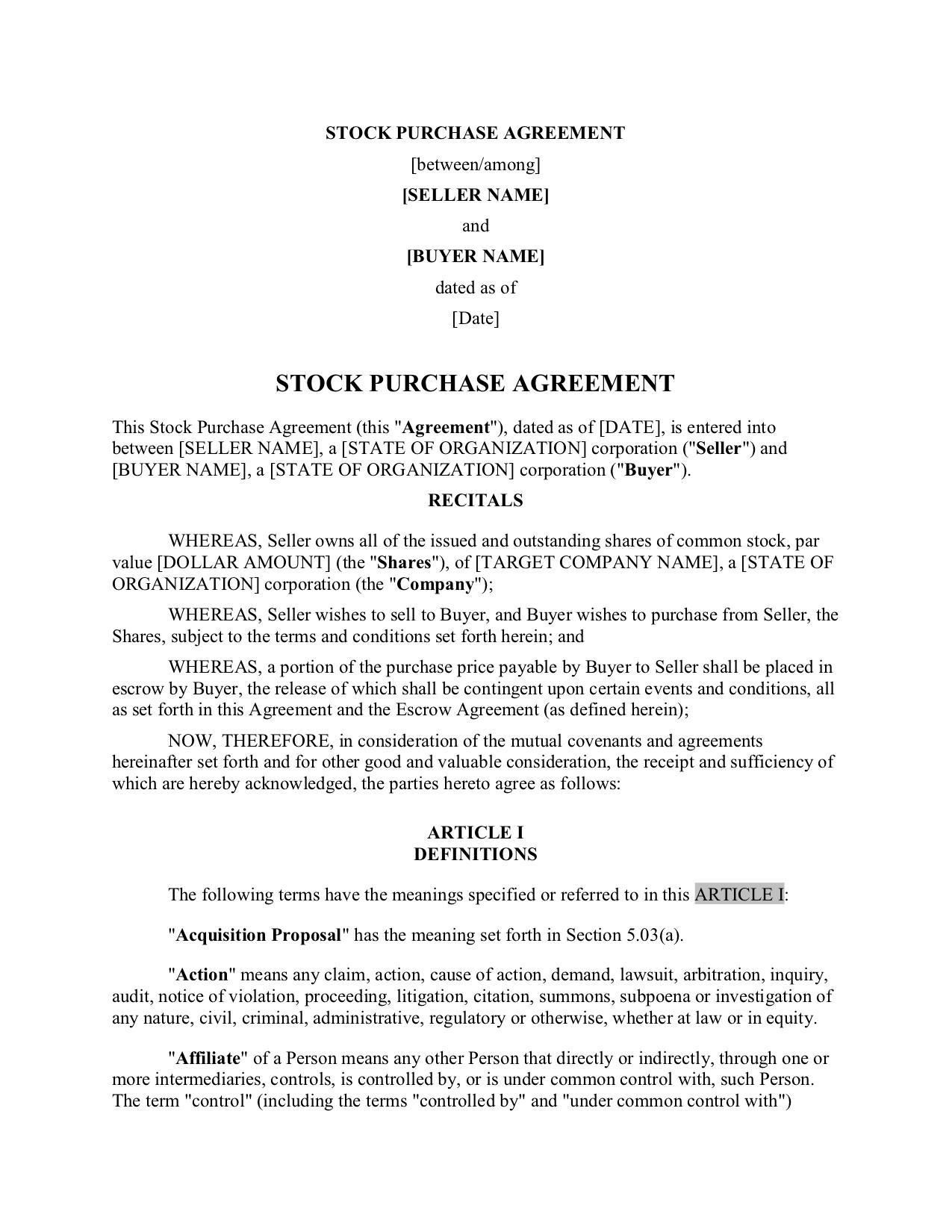 Stock Purchase Agreement | Practical Law | Thomson Reuters Legal 