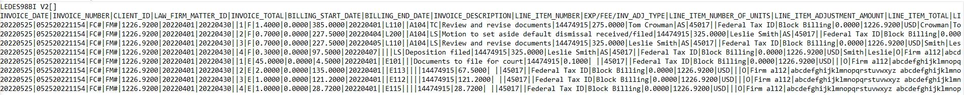 LEDES 1998BI V2 legal e-billing file with 51 fields