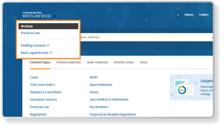 Easily toggle between Practical Law and Westlaw