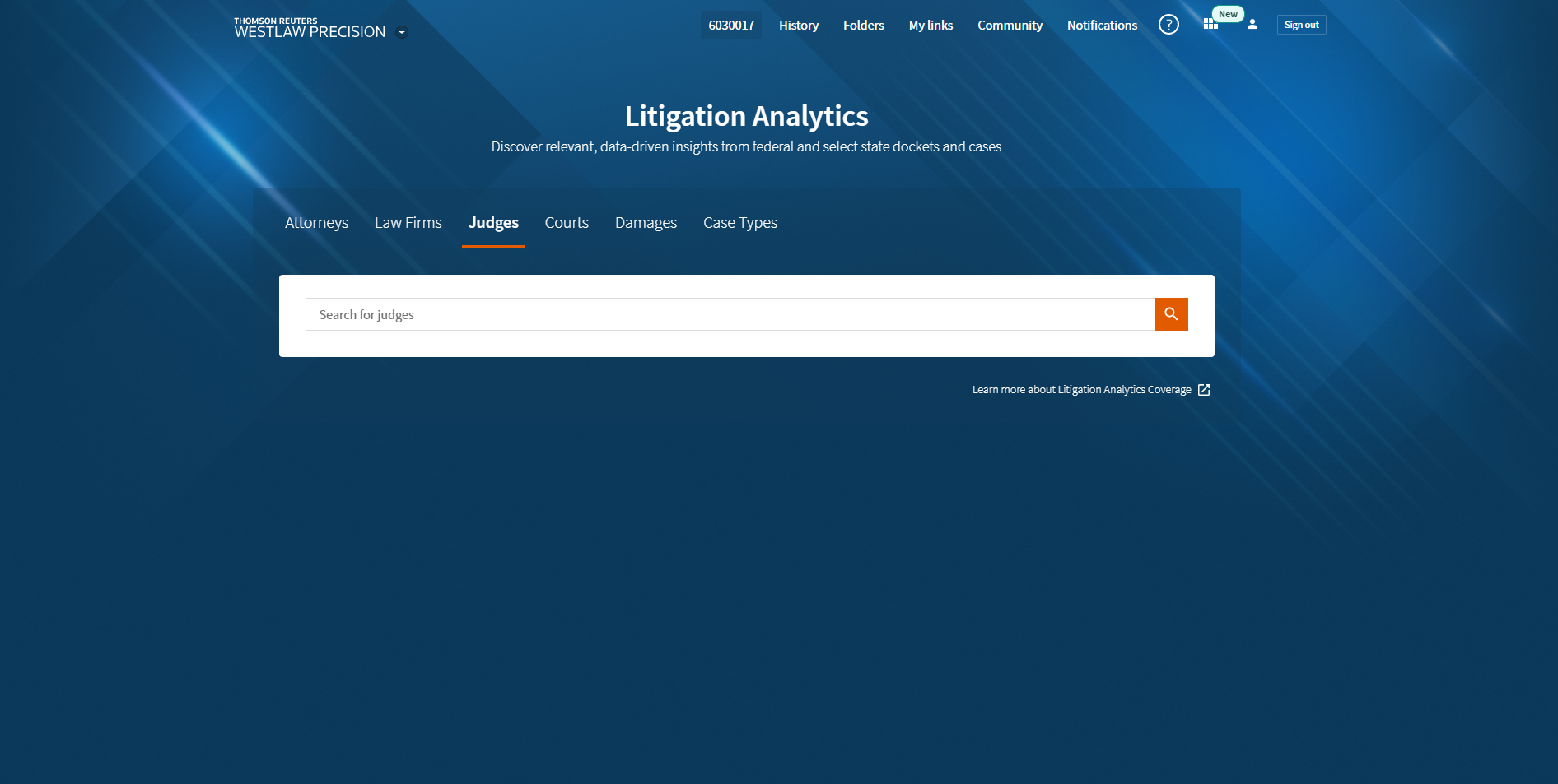 Precision Litigation Analytics Search Screen