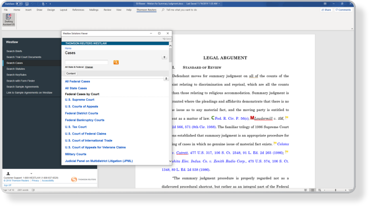 Easily search Westlaw within Drafting Assistant with a quick drop down menu