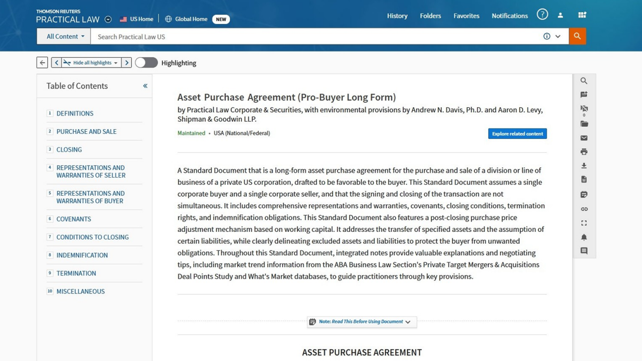 Sample asset purchase agreement on Practical Law