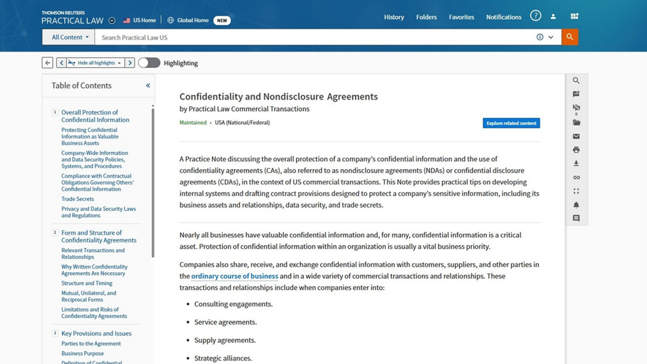 NDA guidance on Practical Law