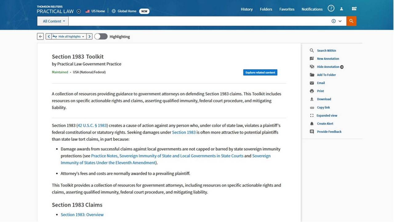 Section 1983 toolkit on Practical Law