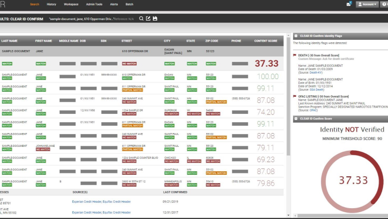 Screenshot of verifying identities with public records data