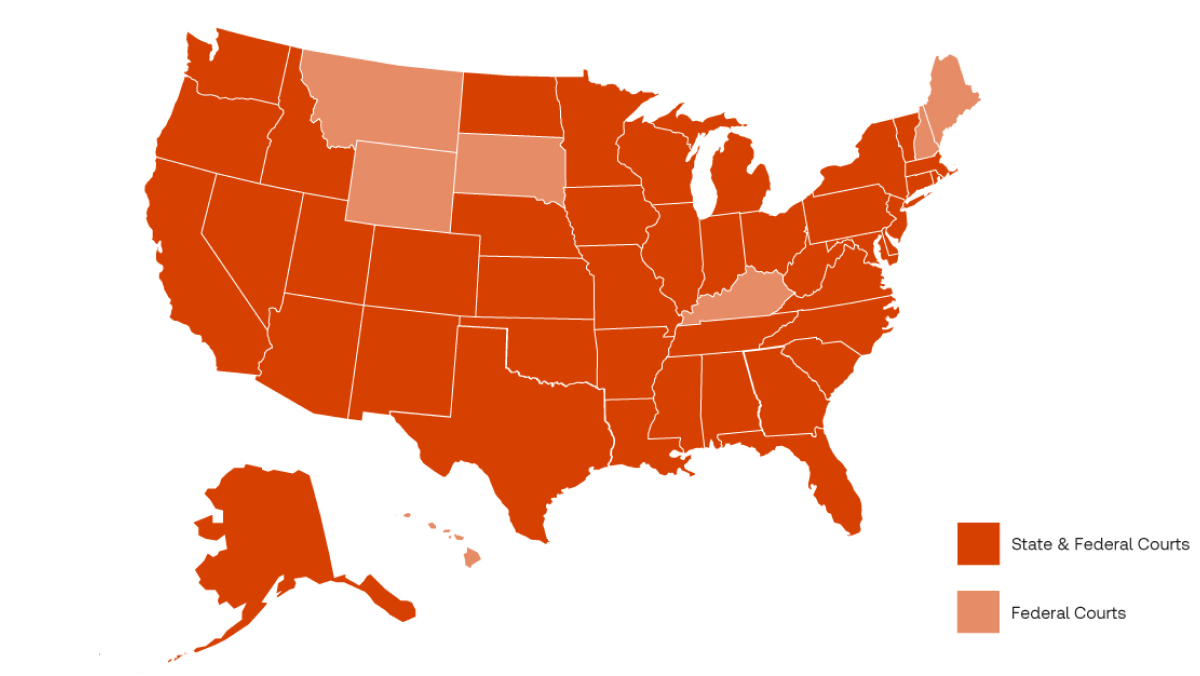 Map of United States indicating dockets coverage information