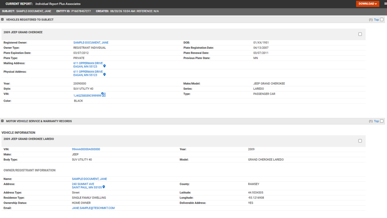Screenshot of CLEAR Vehicle Recovery - Real-time data