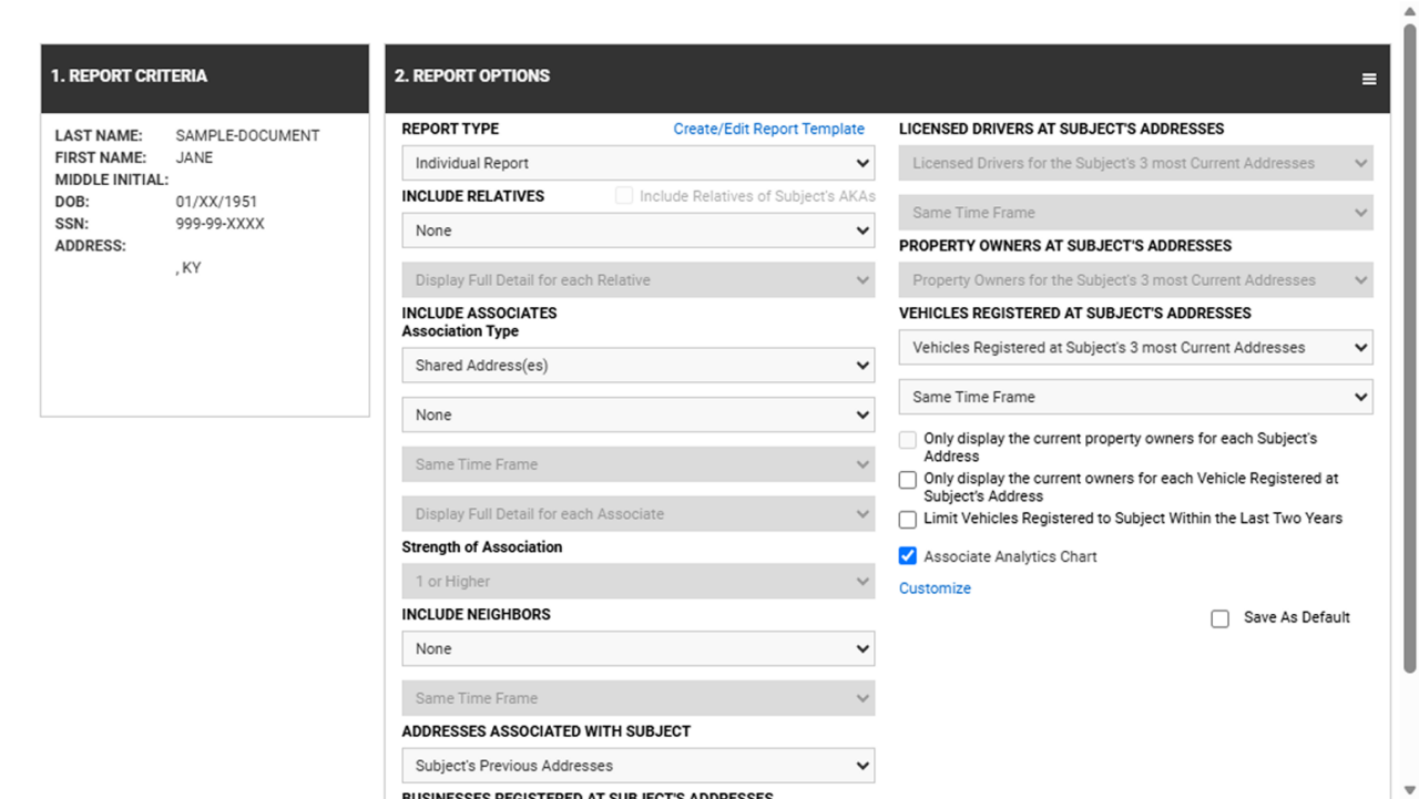 Screenshot of CLEAR Vehicle Recovery - Create Report screen with filters