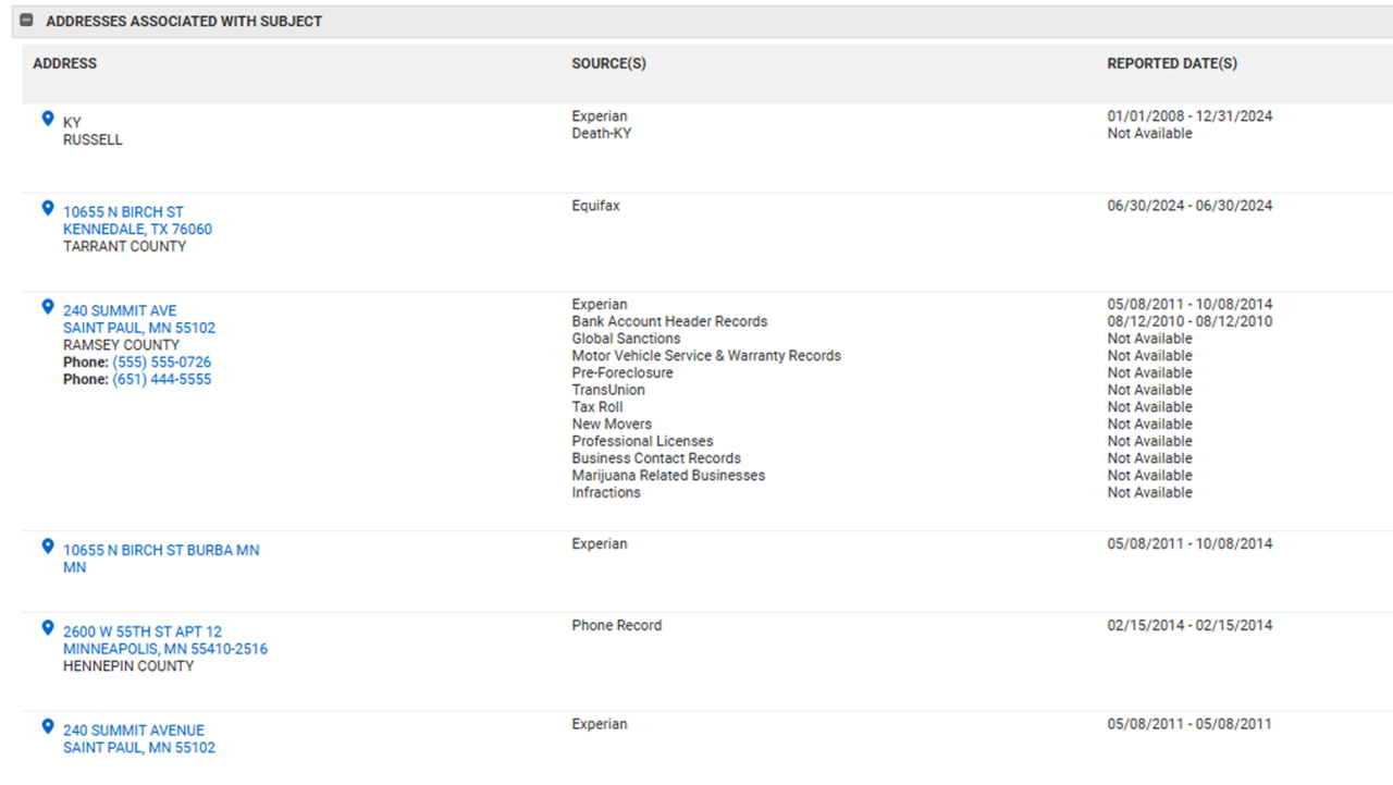 Screenshot of CLEAR Vehicle Recovery - Search results screen of Addresses