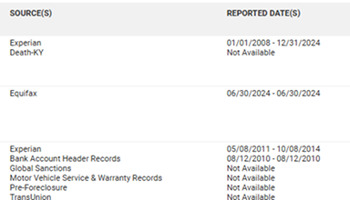 Screenshot of CLEAR Vehicle Recovery - record sources and reported dates