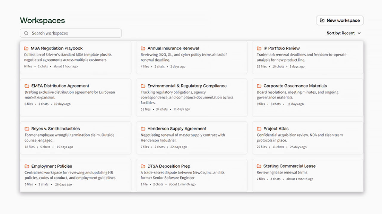 Screenshot of CoCounsel Legal Workspaces