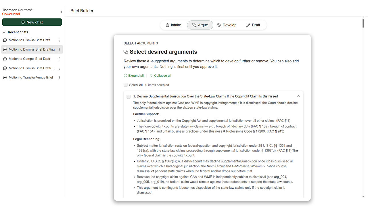 Screenshot of CoCounsel Legal: Brief Builder–Select desired arguments