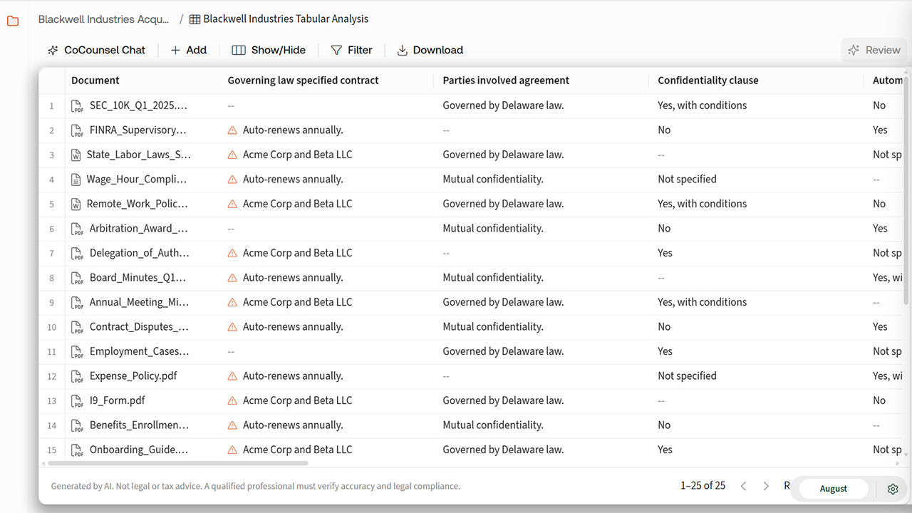 Screenshot of CoCounsel Legal: Blackwell Industries Tabular Analysis